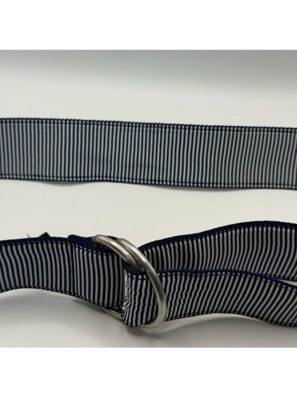J. Crew Navy White Striped Grosgrain Ribbon D-Ring Belt Preppy Small Medium - Picture 4 of 9